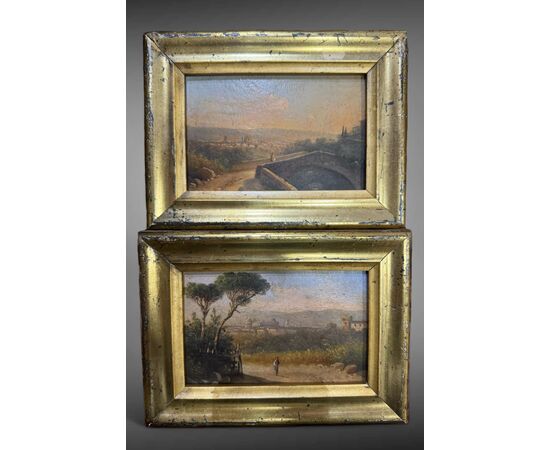 Pair of small paintings "View of Florence" and "View of Pisa" - 19th Century