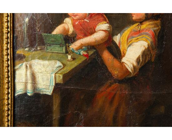 Rare antique painting with children playing - O / 6504 -     