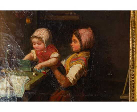 Rare antique painting with children playing - O / 6504 -     