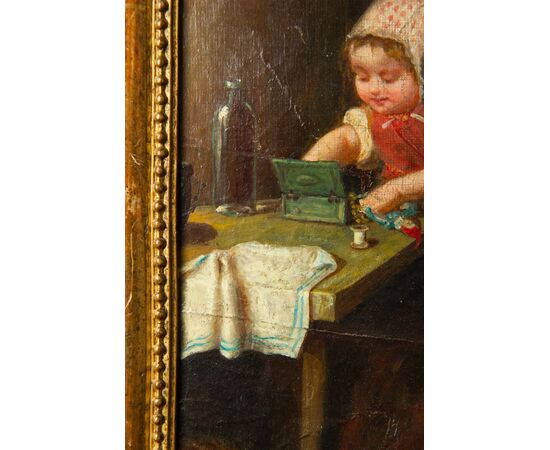 Rare antique painting with children playing - O / 6504 -     