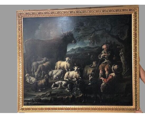 LANDSCAPE PAINTING WITH FIGURES AND ANIMALS     