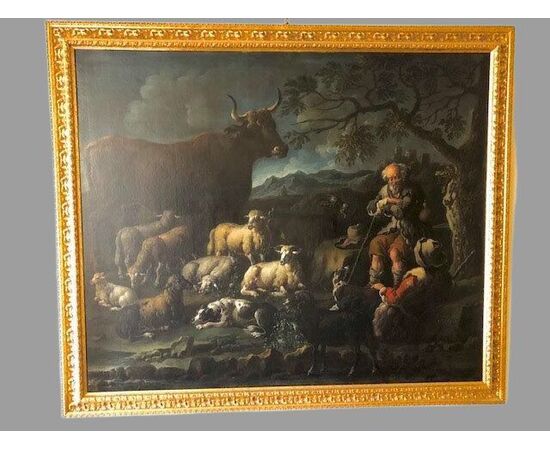 LANDSCAPE PAINTING WITH FIGURES AND ANIMALS     