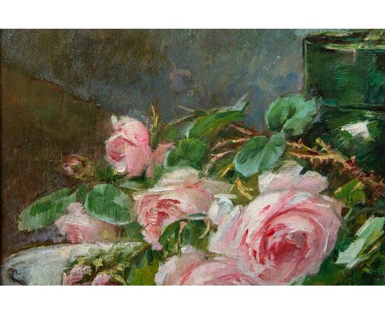 &quot;Roses on a table&quot; painting signed - O / 5816 -     