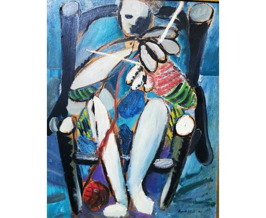 Quadro olio su tavola - "Donna che fa la maglia" Firmato: Bartolini '56   Con cornice 70 x 59 cm - Solo dipinto 50 x 40 cm