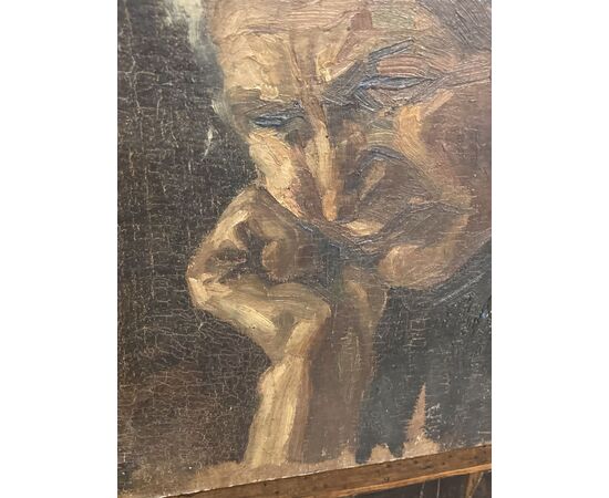 Ancient painting &quot;Thinking Old Woman&quot; on hardboard early 900 cm 40 x 30     