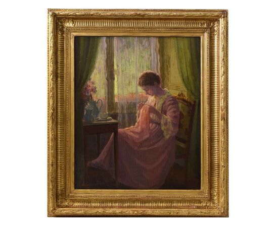 QUADRI ANTICHI, RITRATTI DI DONNA CHE CUCE DAVANTI LA FINESTRA, METÀ DEL NOVECENTO. (QR576)