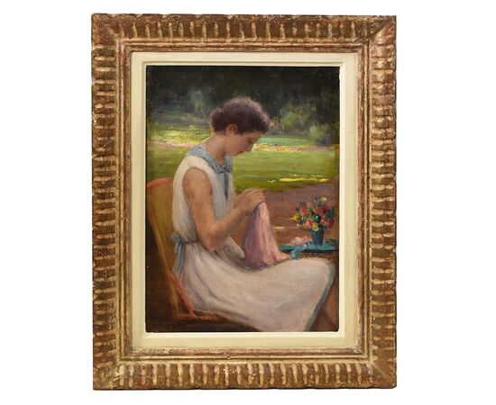 QUADRI ANTICHI, RITRATTI DI DONNA CHE CUCE IN GIARDINO, METÀ DEL NOVECENTO. (QR577)