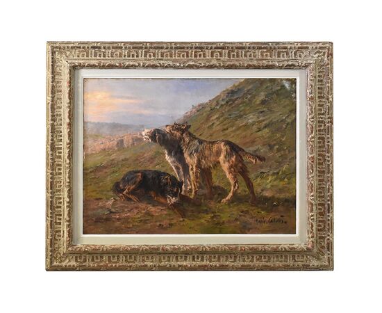 QUADRO ANTICO DI CANI PASTORI, MARIE CALVES,  DIPINTI DI CANI, XX SECOLO. (QA585)