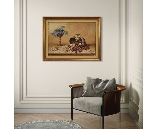 Signed painting still life with flowers and fruit from the 20th century