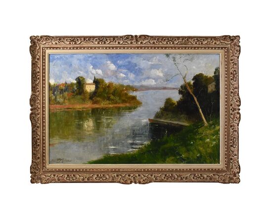 QUADRO ANTICO PAESAGGIO, OLIO SU TELA, PAESAGGIO CON FIUME, XX SECOLO. (QP586)