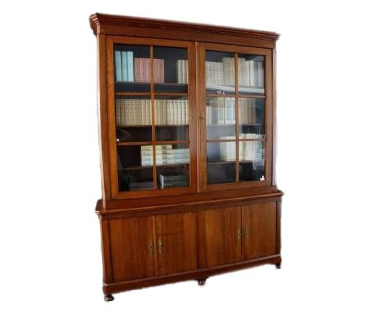 Libreria stile impero del 1800 francese doppio corpo in legno tinto noce