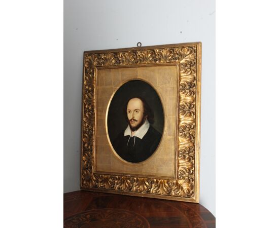 Antico Dipinto olio su tela Shakespeare in Cornice cartapesta e foglia oro . Mis 85 x 73