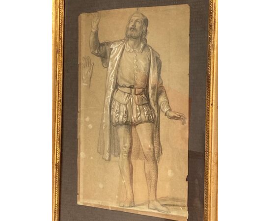 Antico disegno XIX nobile in costume d’ epoca in cornice antica foglia oro . Mis 96 x 59 