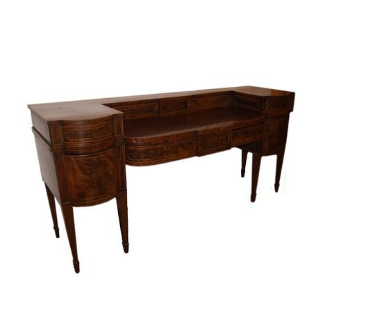 Grande credenza sideboard inglese stile Vittoriano del 1800 in mogano e piuma di mogano