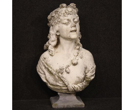 Marble sculpture signed girl adorned with garlands of flowers