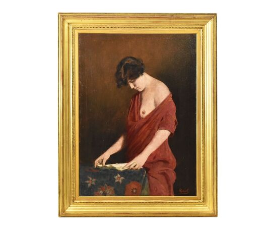 DIPINTI ANTICHI, RITRATTI DI DONNA CHE LEGGE CON SENO SCOPERTO, OLIO SU TELA, FINE DELL 800.  (QR589)