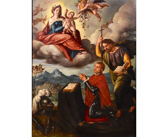 Madonna con Bambino, San Giacomo e il donatore, Ippolito Scarsella, detto Lo Scarsellino (Ferrara 1550 - 1620) bottega