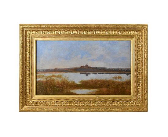 DIPINTI ANTICHI PAESAGGI, PAESAGGIO CON FIUME E VILLAGGIO, OLIO SU TELA, XIX SECOLO. (QP591)   