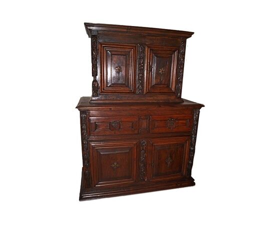 Antica credenza doppio corpo italiana del 1500 rinascimento