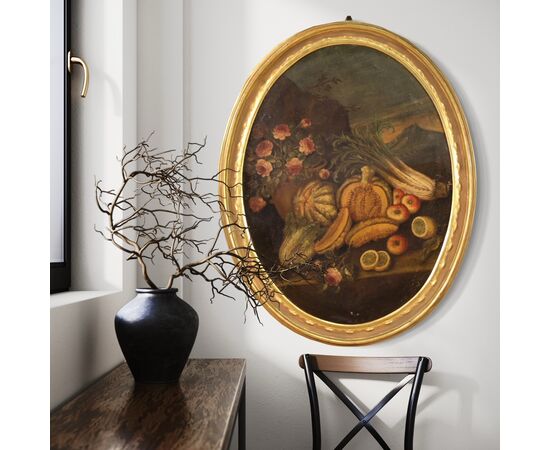 18th century oval Italian still life painting 