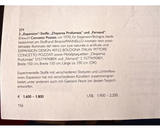 Tessuto in cotone stampato  Modello: FERNAND 1973 - FIRMATO: CONCETTO POZZATI  (1935 – 2017) per EXPANSION BOLOGNA DESIGN, anni '70  L 150 cm, H 330 cm
