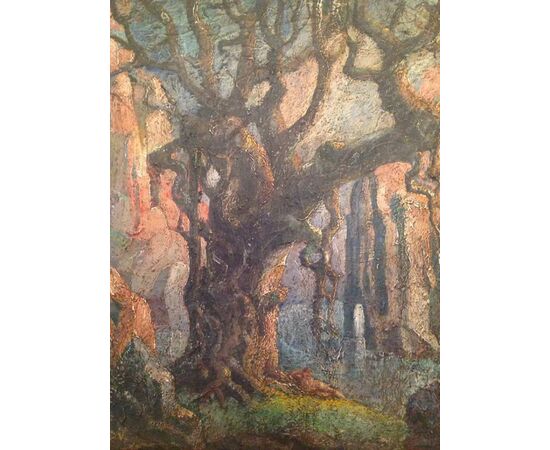 QUADRO SIMBOLISTA OLIO SU TELA   "Grande albero con donna nuda distesa"  FIRMATO (firma illeggibile tipo Picard ??) FRANCIA  anni '30 