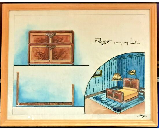 Tempera originale su carta  - Progetto di camera letto anni '20 / '30 - Francia - Firmato  cm 40 x 50