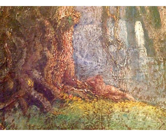 QUADRO SIMBOLISTA OLIO SU TELA   "Grande albero con donna nuda distesa"  FIRMATO (firma illeggibile tipo Picard ??) FRANCIA  anni '30 