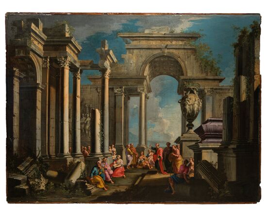 Alberto Carlieri (Roma 1672-1720), Capriccio architettonico con la predica di san Paolo nell'Areopago di Atene, dipinto olio su tela 