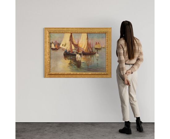 Signed painting and dated seascape with boats from the 20th century