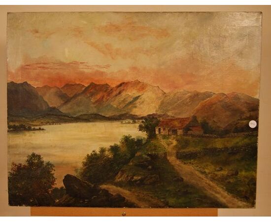 Antico quadro inglese del 1800 olio su tela raffigurante paesaggio campestre con lago e montagne 