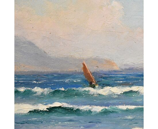 DIPINTI ANTICHI, QUADRI MARE, MARINA COSTA AZZURRA, PITTURA  AD OLIO SU TAVOLA, PRIMI DEL 900.  (QM516)