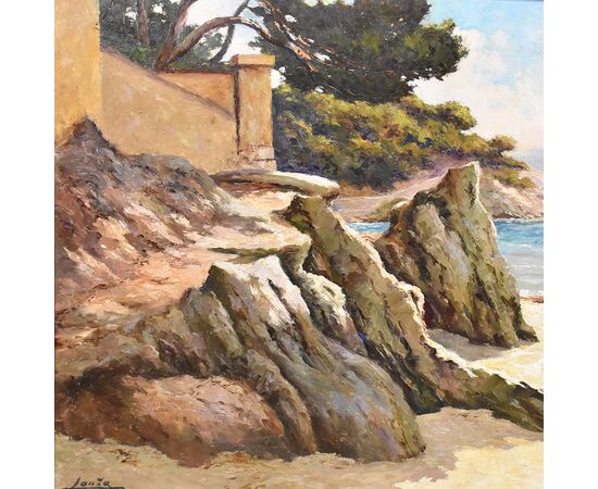 DIPINTI ANTICHI, QUADRI MARE, MARINA COSTA AZZURRA, PITTURA  AD OLIO SU TAVOLA, PRIMI DEL 900.  (QM516)