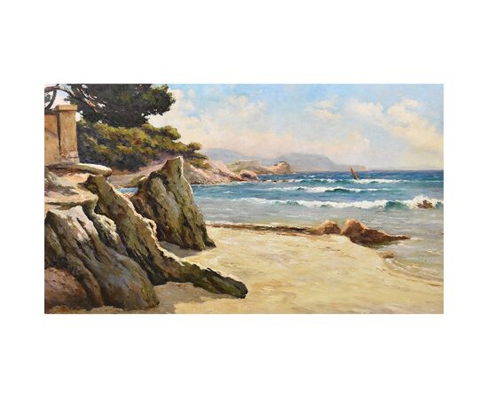 DIPINTI ANTICHI, QUADRI MARE, MARINA COSTA AZZURRA, PITTURA  AD OLIO SU TAVOLA, PRIMI DEL 900.  (QM516)