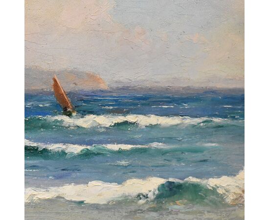 DIPINTI ANTICHI, QUADRI MARE, MARINA COSTA AZZURRA, PITTURA  AD OLIO SU TAVOLA, PRIMI DEL 900.  (QM516)