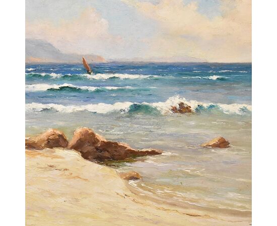 DIPINTI ANTICHI, QUADRI MARE, MARINA COSTA AZZURRA, PITTURA  AD OLIO SU TAVOLA, PRIMI DEL 900.  (QM516)