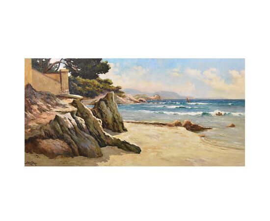DIPINTI ANTICHI, QUADRI MARE, MARINA COSTA AZZURRA, PITTURA  AD OLIO SU TAVOLA, PRIMI DEL 900.  (QM516)