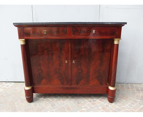 CREDENZA IN STILE IMPERO COLONNE PIENE IN PIUMA DI MOGANO RETAURATA FRANCIA  cm L 120xP55xH101    