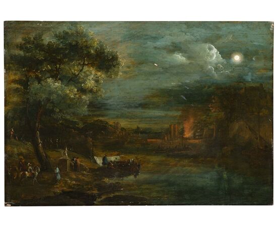 Giuseppe Bernardino Bison (Palmanova 1762- Milan 1844) - Landscape in the moonlight with fire     