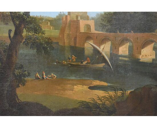 Pittore di scuola romana seguace di Paolo Anesi, Paesaggio romano con il ponte Milvio e figure, olio su tela