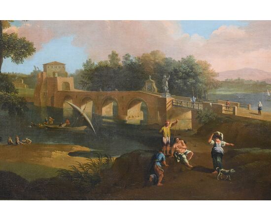 Pittore di scuola romana seguace di Paolo Anesi, Paesaggio romano con il ponte Milvio e figure, olio su tela