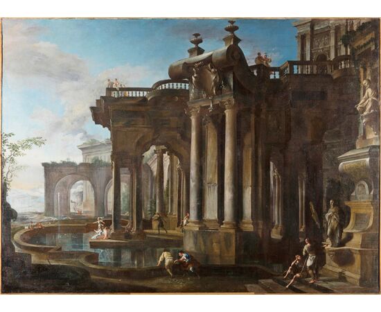 Francesco Aviani (Venezia, 25-11-1662 / 1715), Coppia di dipinti raffiguranti Capricci Architettonici, olio su tela