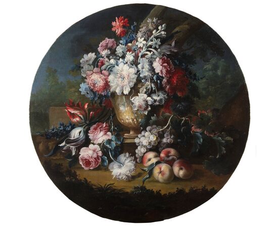 Michele Antonio Rapos (Torino 1733-1819), Coppia di dipinti raffiguranti Natura morta con trionfo di fiori e frutta, olio su tela