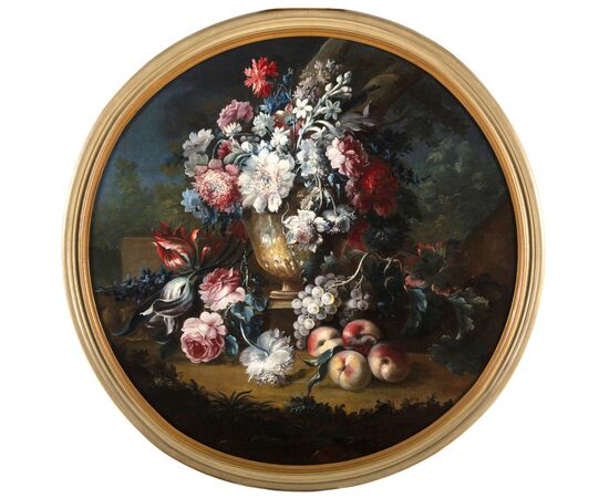 Michele Antonio Rapos (Torino 1733-1819), Coppia di dipinti raffiguranti Natura morta con trionfo di fiori e frutta, olio su tela