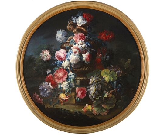 Michele Antonio Rapos (Torino 1733-1819), Coppia di dipinti raffiguranti Natura morta con trionfo di fiori e frutta, olio su tela