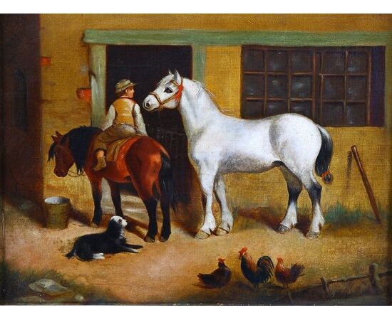 Antico quadro inglese del 1800 olio su tela "Bambino a cavallo"