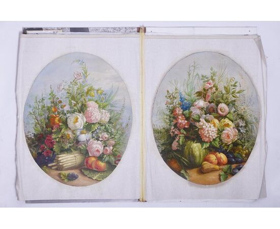 Set di 4 tele ovali con fiori e frutta - O/5542 -