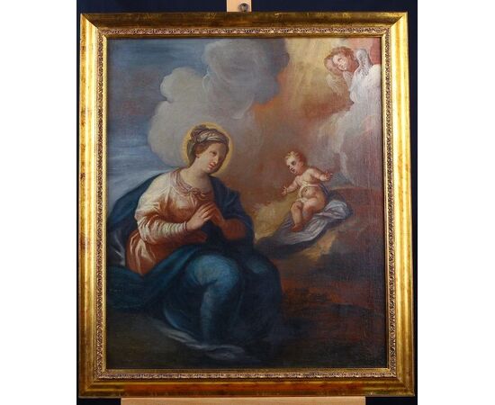 Olio su tela italiano del 1700 raffigurante "Adorazione" Madonna con Gesù