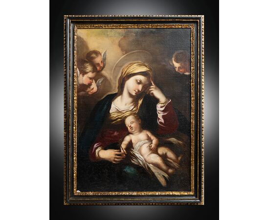 Dipinto antico olio su tela raffigurante Madonna col Bambino attribuito a Francesco Solimena. Napoli XVIII secolo.