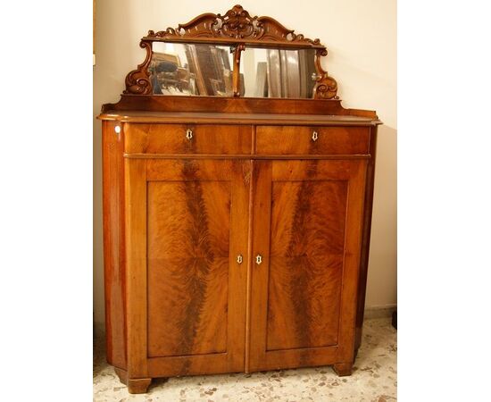 Antica credenza alta Nord Europa Biedermeier del 1800 con alzatina in mogano